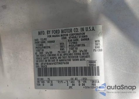 2003 Mazda B3000 Se из США, поврежденный, VIN 4F4YR46V43TM07638